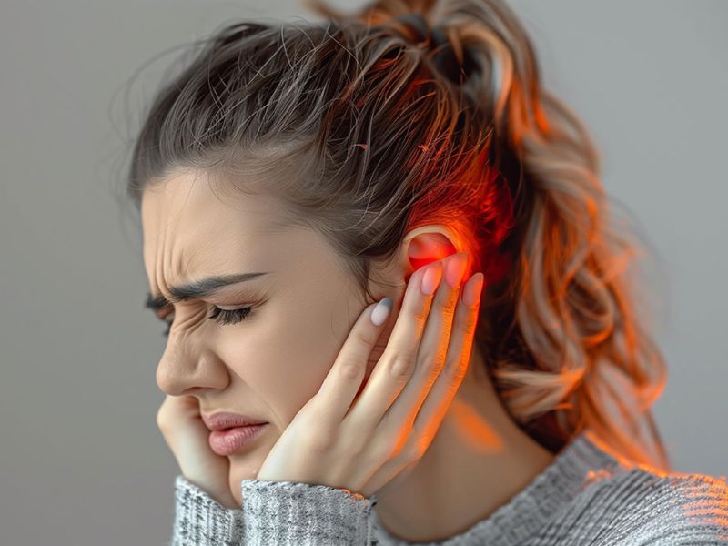 Woman suffering from painful earache, holding her ear in discomfort.