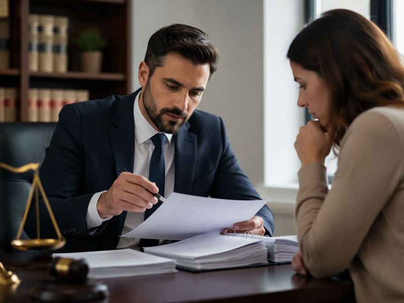 Lawyer consulting with client, reviewing legal documents in office setting.