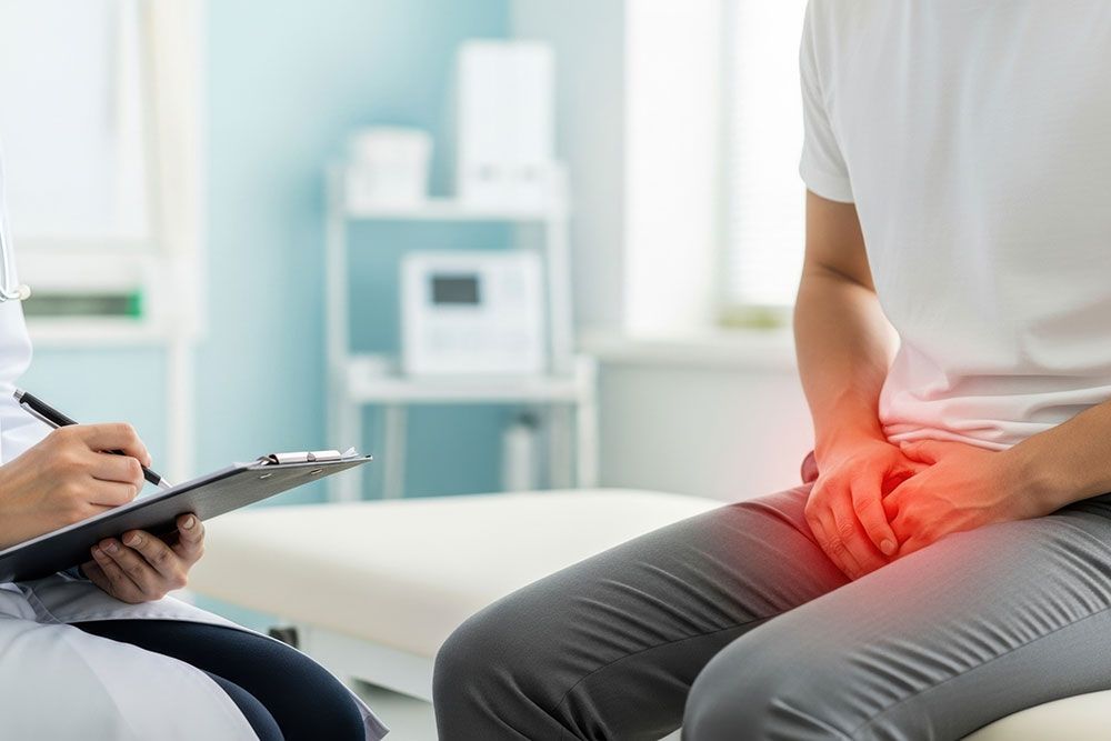 Patient consulting doctor about abdominal pain in a medical office.