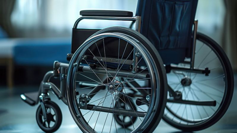 Manual wheelchair in a well-lit room, highlighting accessibility and mobility aids.