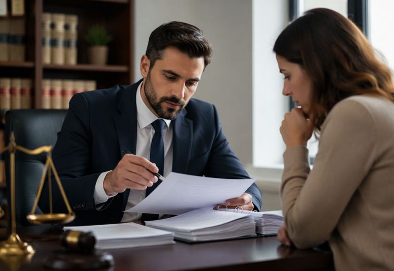 Lawyer consulting with client, reviewing legal documents in office setting.