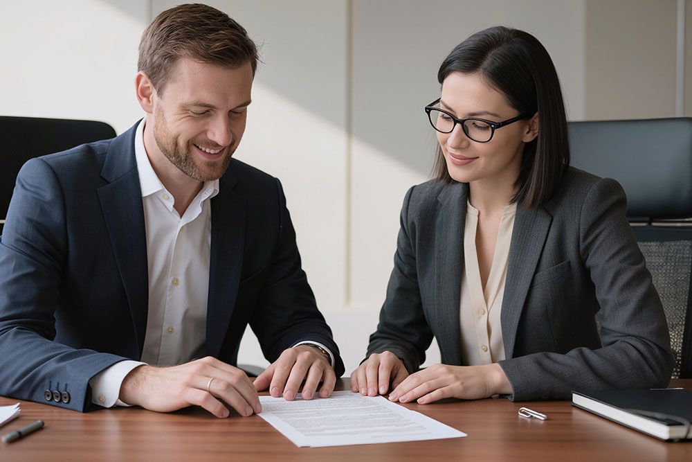 Business professionals reviewing documents at a conference table, focused and engaged in a collaborative meeting.