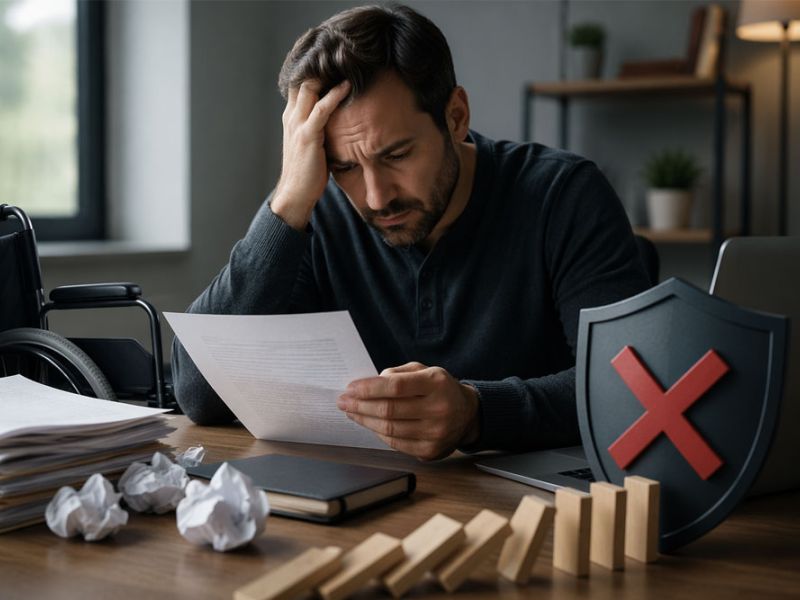 Man stressed over paperwork, wooden blocks falling, with shield icon indicating error. Concept of financial or legal issues.