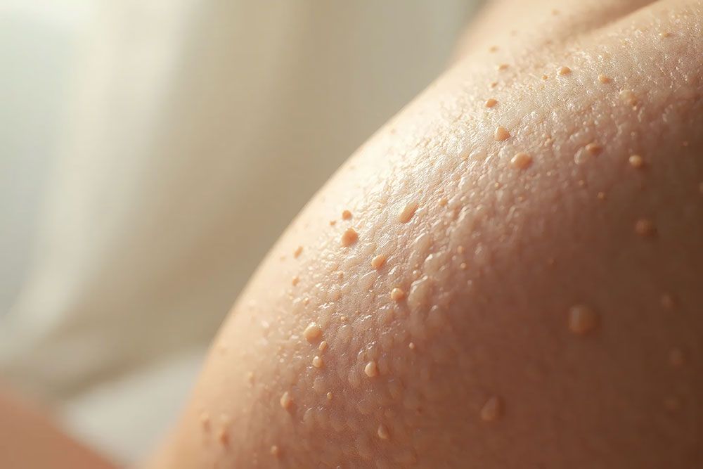 Close-up of water droplets on human skin, showcasing texture and natural hydration.