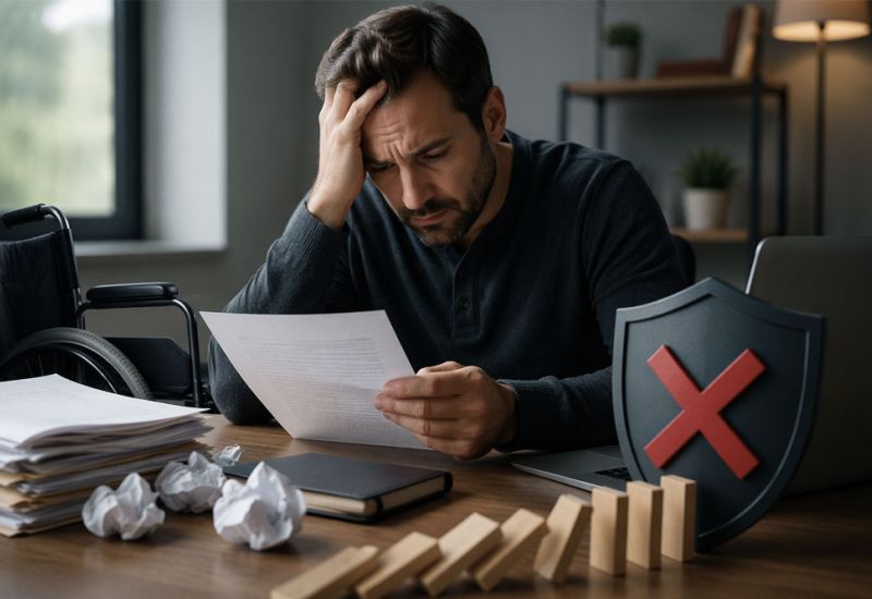 Man stressed over paperwork, wooden blocks falling, with shield icon indicating error. Concept of financial or legal issues.