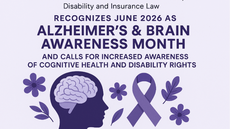 Law office promoting June 2026 as Alzheimer’s & Brain Awareness Month with focus on cognitive health and disability rights.
