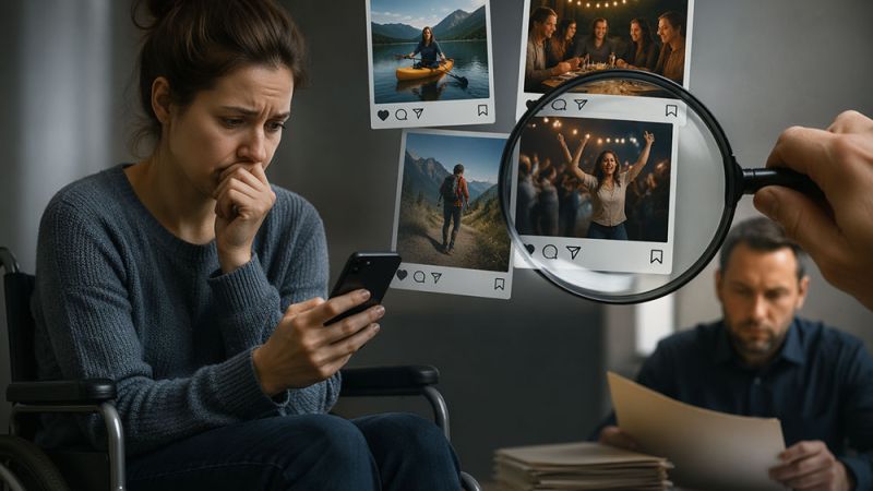Woman in a wheelchair looks at social media photos with concern, man reviews documents in background, magnifying glass highlights images.
