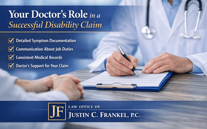 A doctor writes on a clipboard in an office. Text reads: "Your Doctor’s Role in a Successful Disability Claim," followed by checklists and "Justin C. Frankel, P.C." at the bottom.