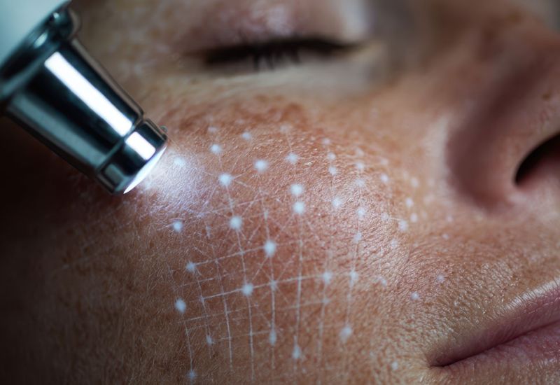 Facial laser treatment close-up with grid pattern for precise skincare therapy on a person's cheek.