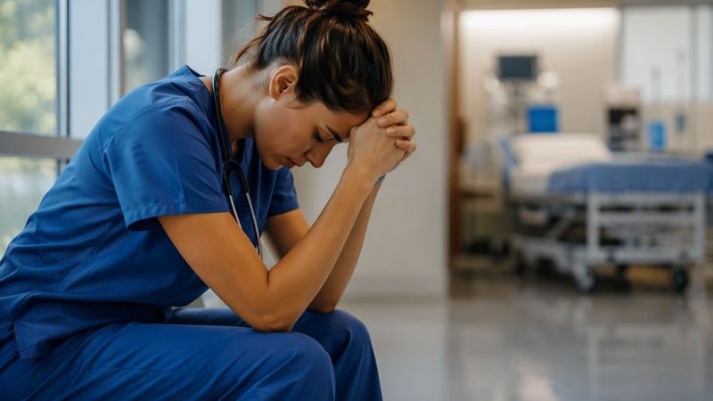 Nurse in scrubs sitting in a hospital corridor, appearing stressed and thoughtful, beside medical equipment.