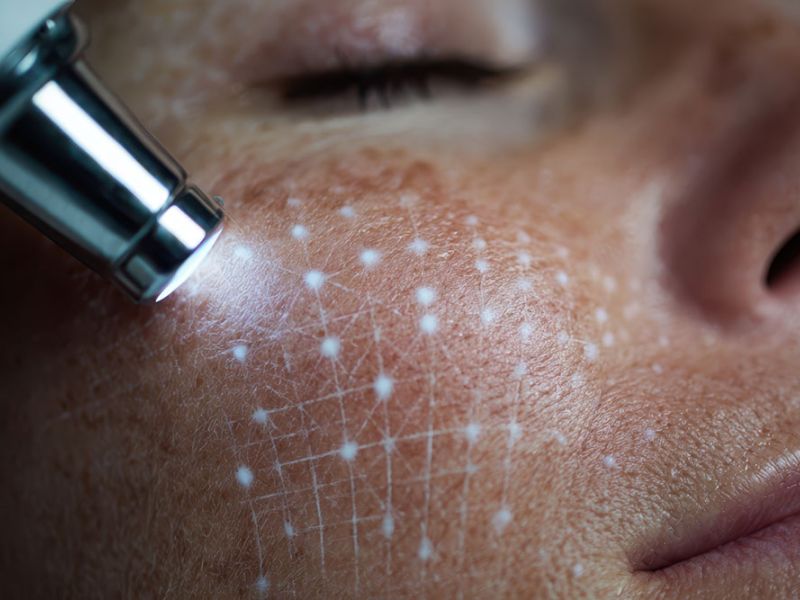 Facial laser treatment close-up with grid pattern for precise skincare therapy on a person's cheek.
