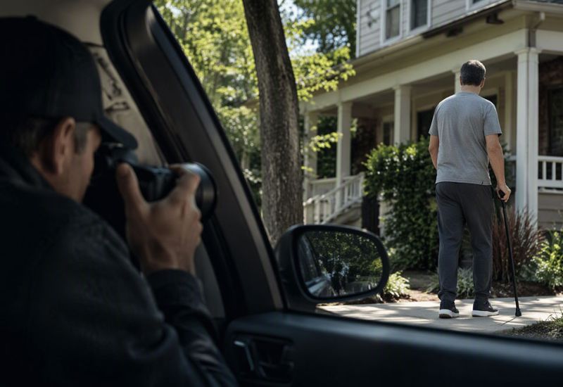 A person with a walking cane approaches a house; another person photographs them from a car.