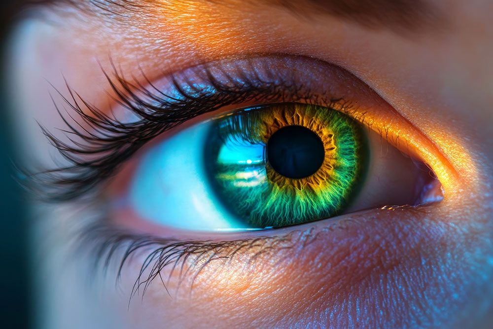 Close-up of a vibrant green and blue eye in bright light, showcasing intricate iris patterns and fine eyelashes.