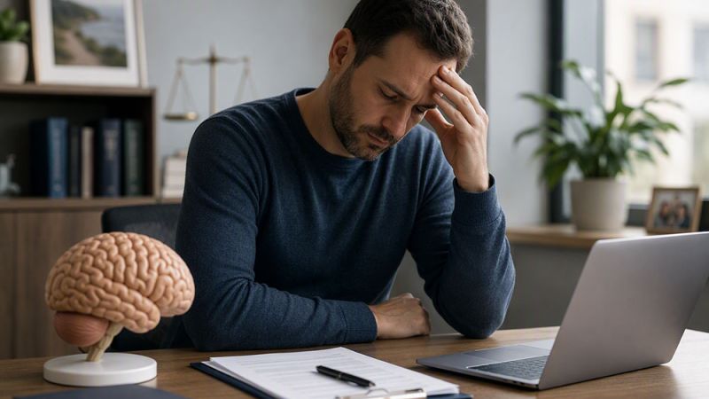 Man in office holding head, stressed at work with laptop and brain model on desk.