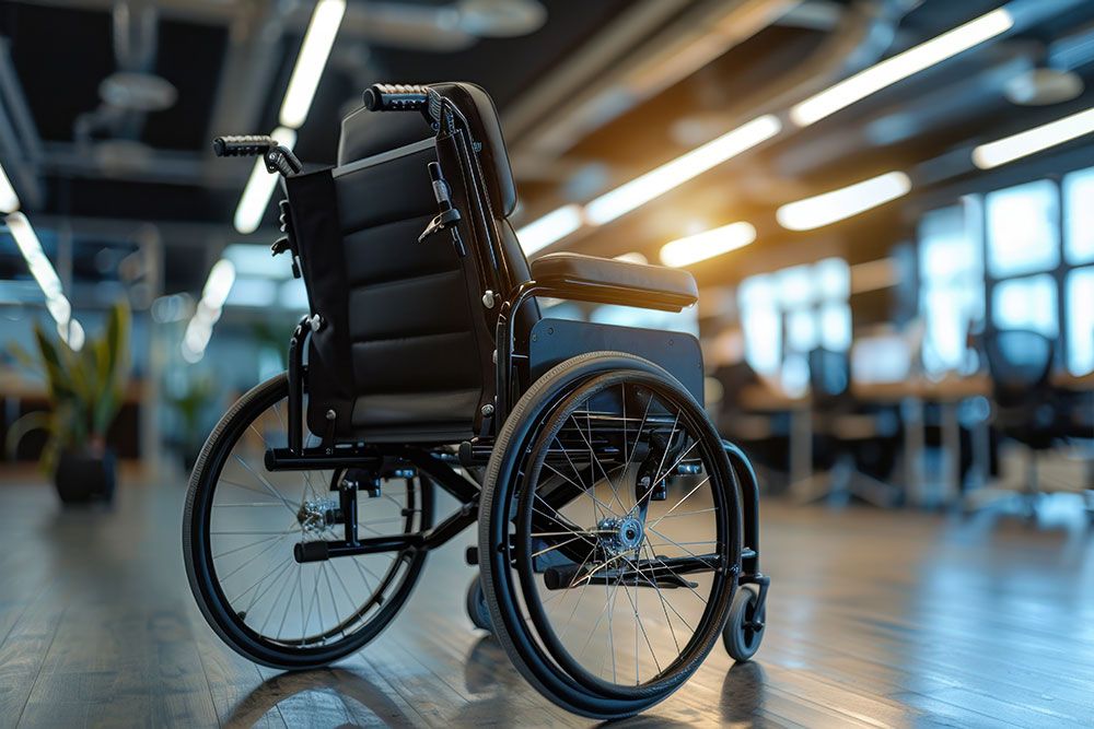 A wheelchair sits idle on a polished wooden floor in a modern office, with bright overhead lights and desks in the background.