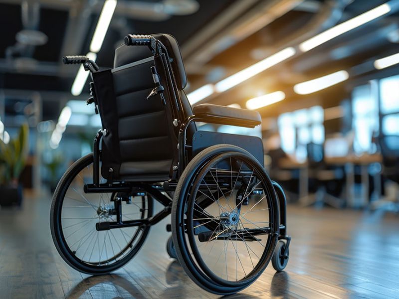 A wheelchair sits idle on a polished wooden floor in a modern office, with bright overhead lights and desks in the background.