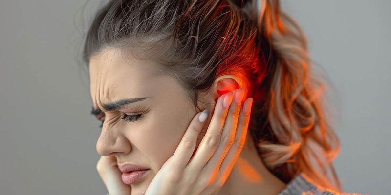 Woman suffering from painful earache, holding her ear in discomfort.