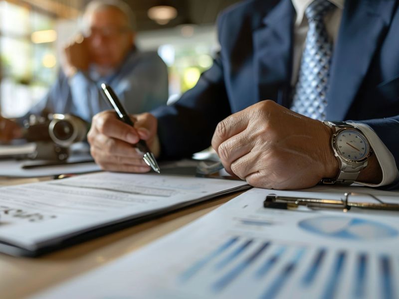 A person wearing a suit and watch writes with a pen on a document at a desk, surrounded by charts and blurred office background. Another person is visible in the distance.