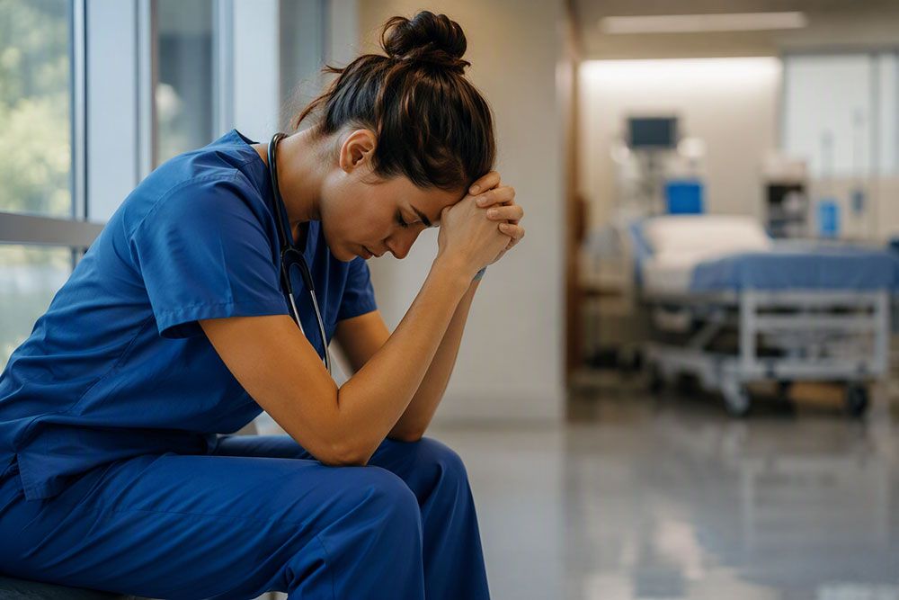 Nurse in scrubs sitting in a hospital corridor, appearing stressed and thoughtful, beside medical equipment.