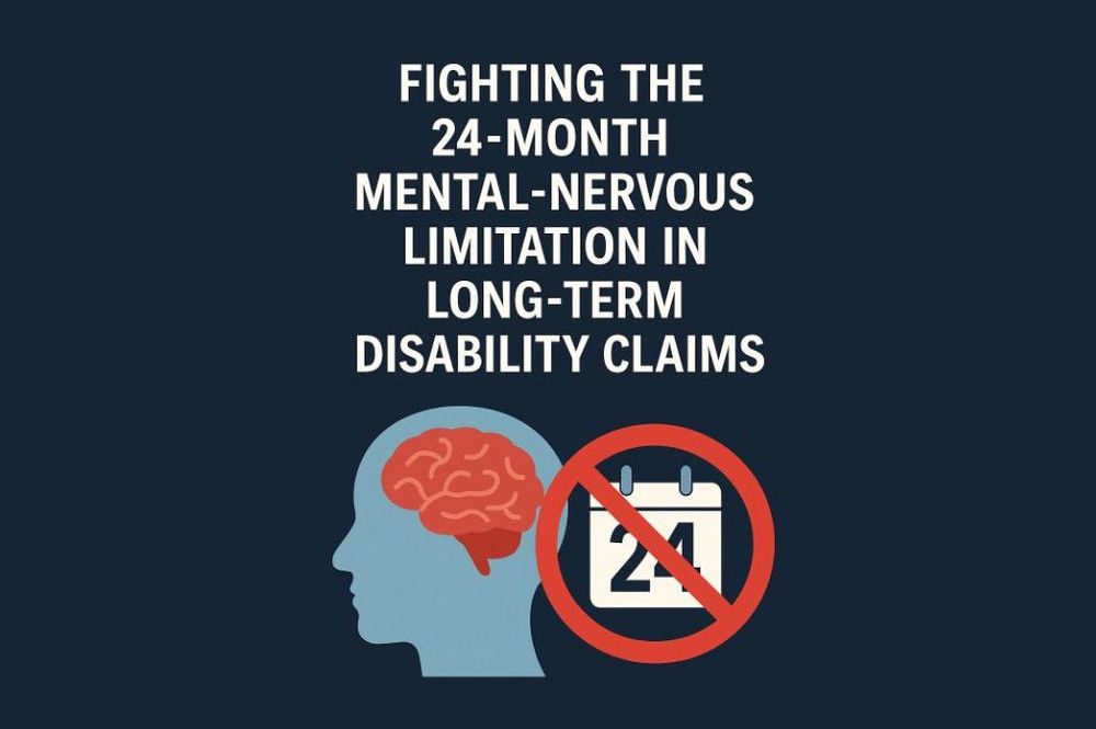 Silhouette of a head with a brain next to a crossed-out calendar marked "24," surrounded by the text: "Fighting the 24-month mental-nervous limitation in long-term disability claims.
