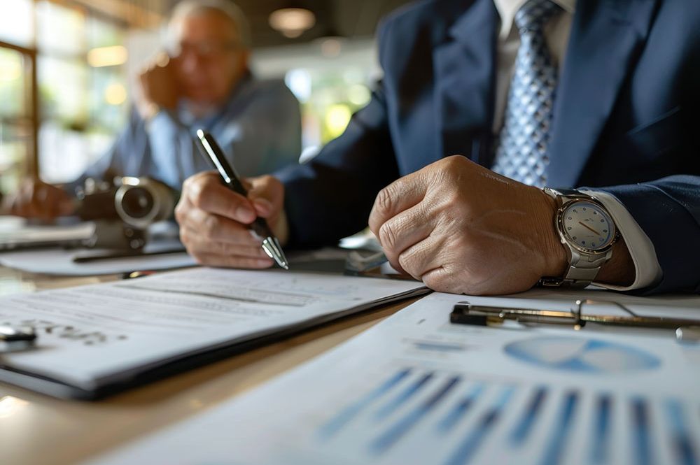 A person wearing a suit and watch writes with a pen on a document at a desk, surrounded by charts and blurred office background. Another person is visible in the distance.