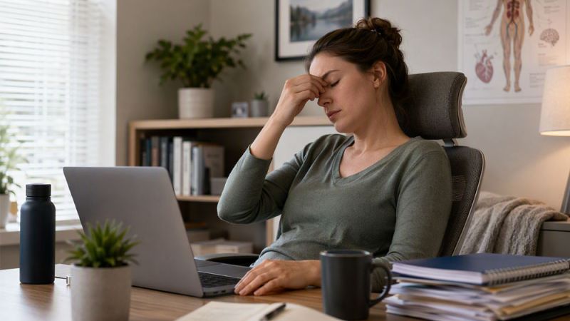 Woman experiencing stress at work, seated at a desk with a laptop, holding her head, surrounded by office items.