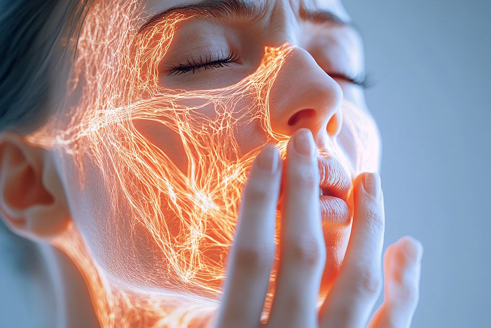 Close-up of a woman's face with glowing neural pathways, showing facial nerves and sensation concept.