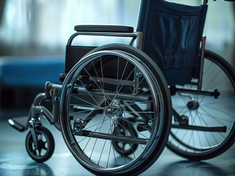 Manual wheelchair in a well-lit room, highlighting accessibility and mobility aids.
