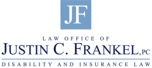 Logo of Justin C. Frankel Law Office, specializing in disability and insurance law, featuring initials JF.