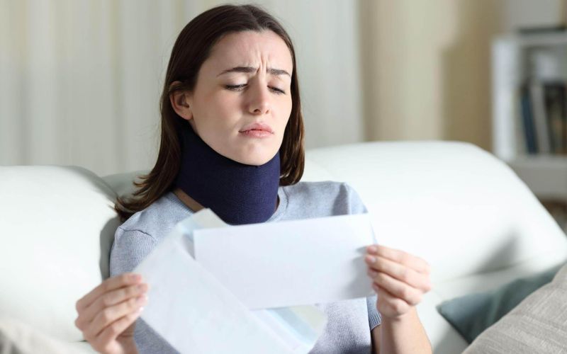 a woman with a neck collar sitting on a couch holding a piece of paper