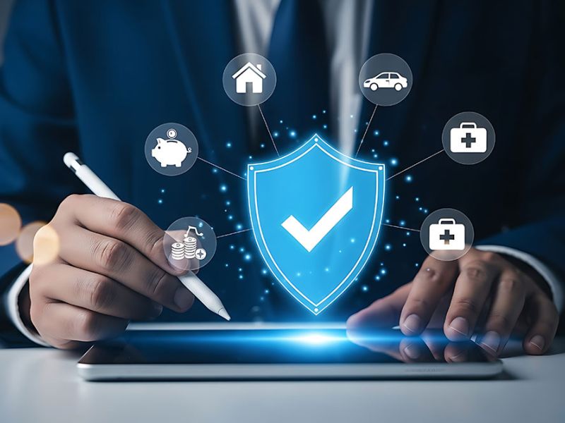 Close-up of a professional reviewing insurance coverage on a tablet, with a glowing shield and icons representing home, auto, health, and financial protection.
