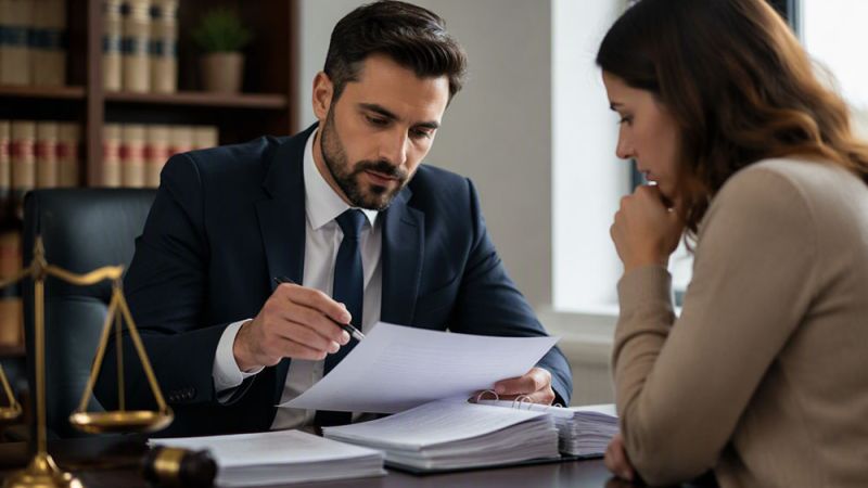 Lawyer consulting with client, reviewing legal documents in office setting.