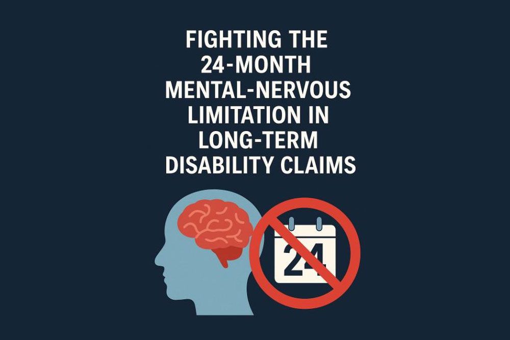 Silhouette of a head with a brain next to a crossed-out calendar marked "24," surrounded by the text: "Fighting the 24-month mental-nervous limitation in long-term disability claims.