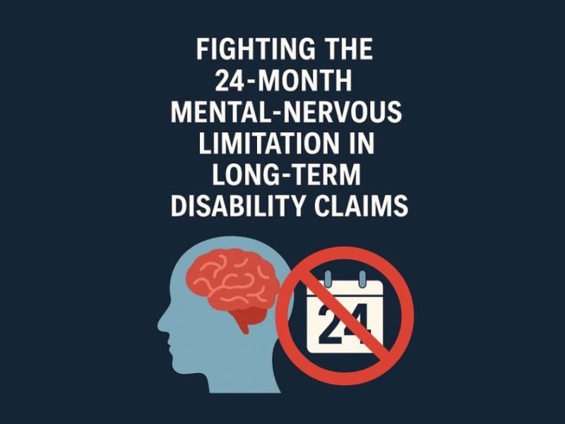 Silhouette of a head with a brain next to a crossed-out calendar marked "24," surrounded by the text: "Fighting the 24-month mental-nervous limitation in long-term disability claims.