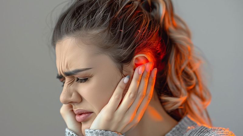 Woman suffering from painful earache, holding her ear in discomfort.