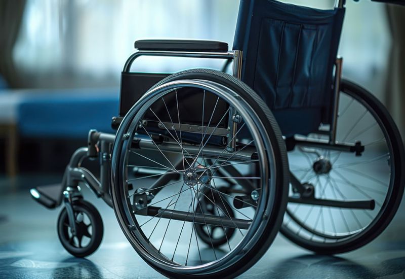 Manual wheelchair in a well-lit room, highlighting accessibility and mobility aids.