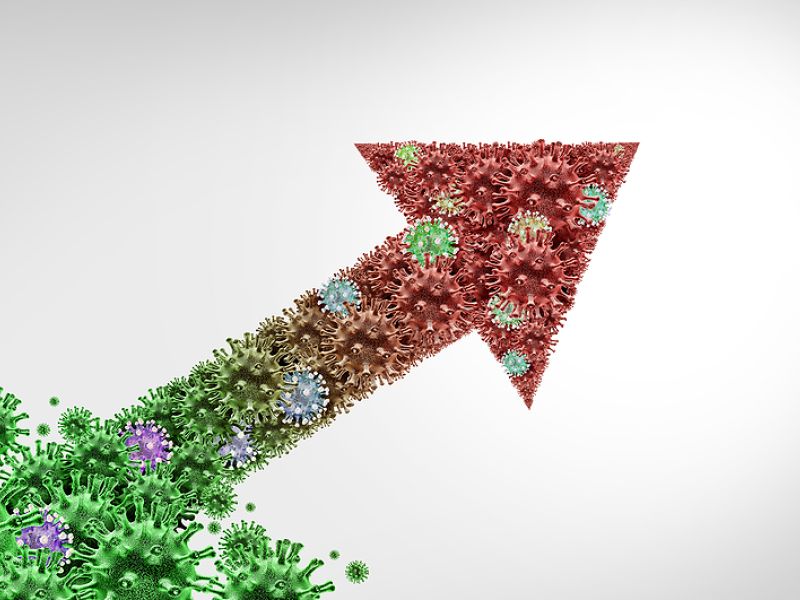 Virus growth concept with germs forming an upward arrow, symbolizing increase and spread in healthcare context.