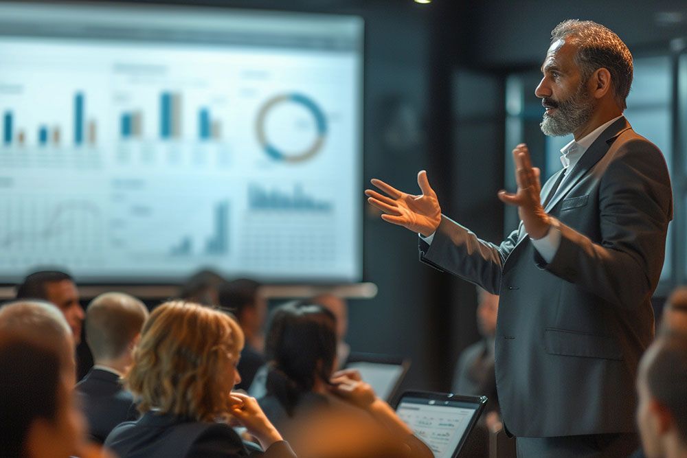 Business professional presenting data analytics to an audience in a conference room with charts in the background.