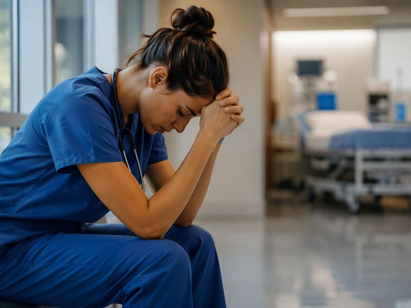Nurse in scrubs sitting in a hospital corridor, appearing stressed and thoughtful, beside medical equipment.