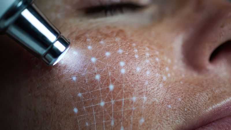Facial laser treatment close-up with grid pattern for precise skincare therapy on a person's cheek.
