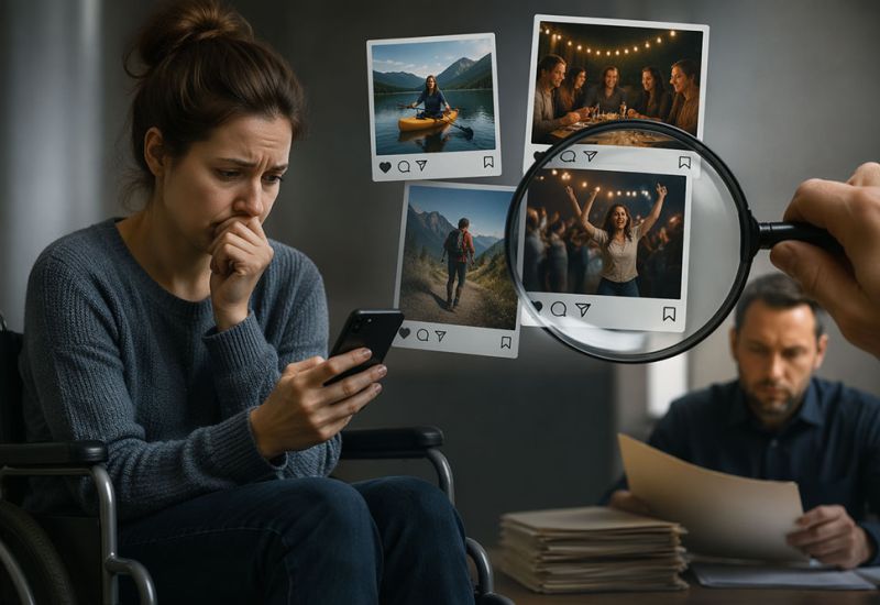 Woman in a wheelchair looks at social media photos with concern, man reviews documents in background, magnifying glass highlights images.