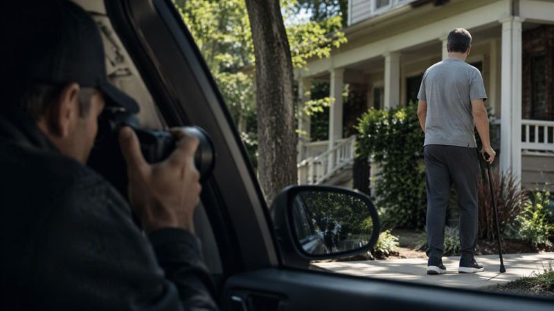 A person with a walking cane approaches a house; another person photographs them from a car.