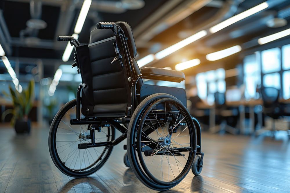 A wheelchair sits idle on a polished wooden floor in a modern office, with bright overhead lights and desks in the background.