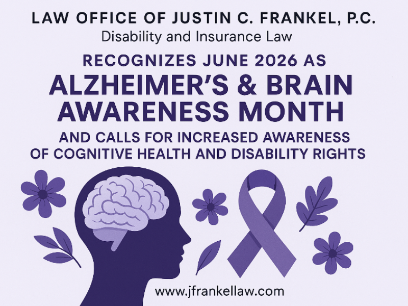 Law office promoting June 2026 as Alzheimer’s & Brain Awareness Month with focus on cognitive health and disability rights.