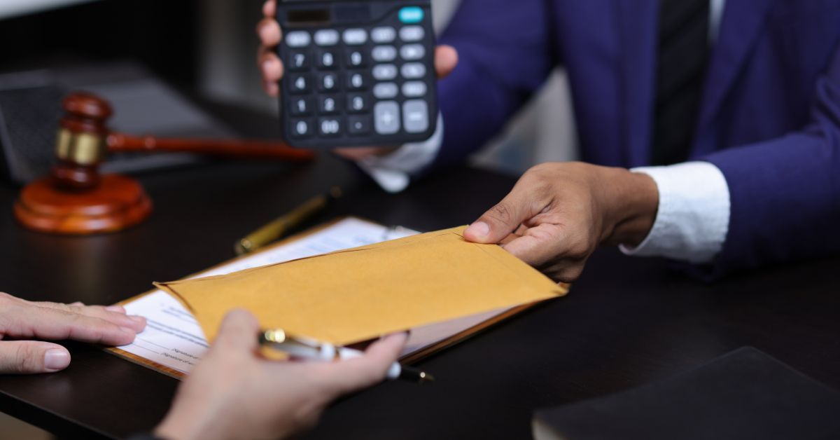 two people negotiation, one is handing a folder and another is holding a calculator