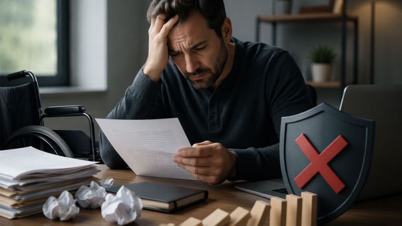 Man stressed over paperwork, wooden blocks falling, with shield icon indicating error. Concept of financial or legal issues.